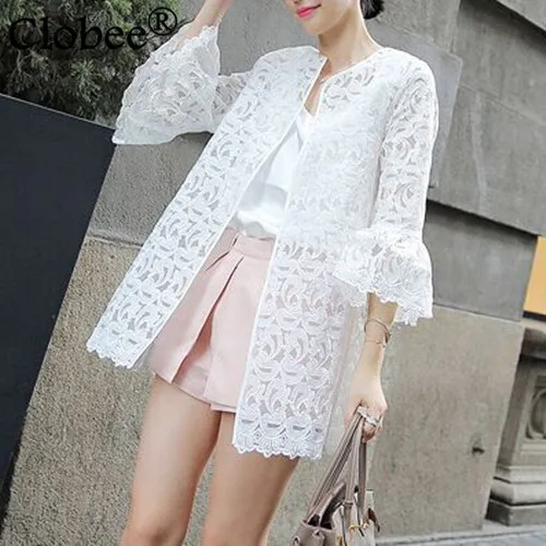 blusa feminina renda elegant women white tops 2019 Summer Autumn Floral Crochet Lace Organza Cardigan Long jacket female CP209 |