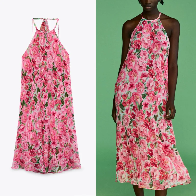 

Женское длинное плиссированное платье Za, шифоновое летнее платье с цветочным принтом, без рукавов, с открытой спиной и лямкой на шее, 2021