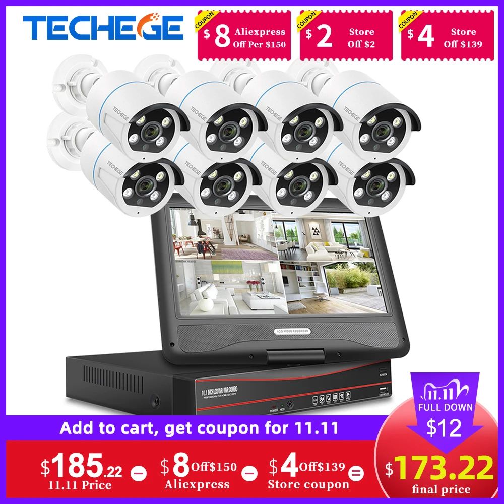Techege 8CH 1080P 12 &quotЖК дисплей Дисплей POE NVR KIT HD 2MP IP Камера Двусторонняя аудиосвязь