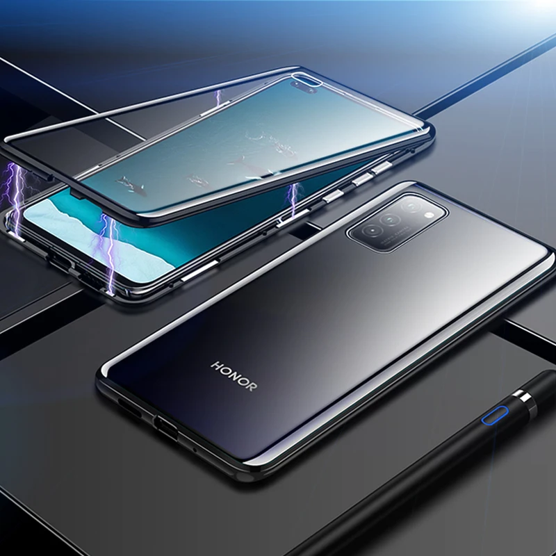 Двойной Стекло чехол для huawei Честь V30 вид 30 Pro Чехол-Броня из металла магнитное закаленное стекло чехол для huawei Honor V30 V 30 Pro 5G - Цвет: Черный