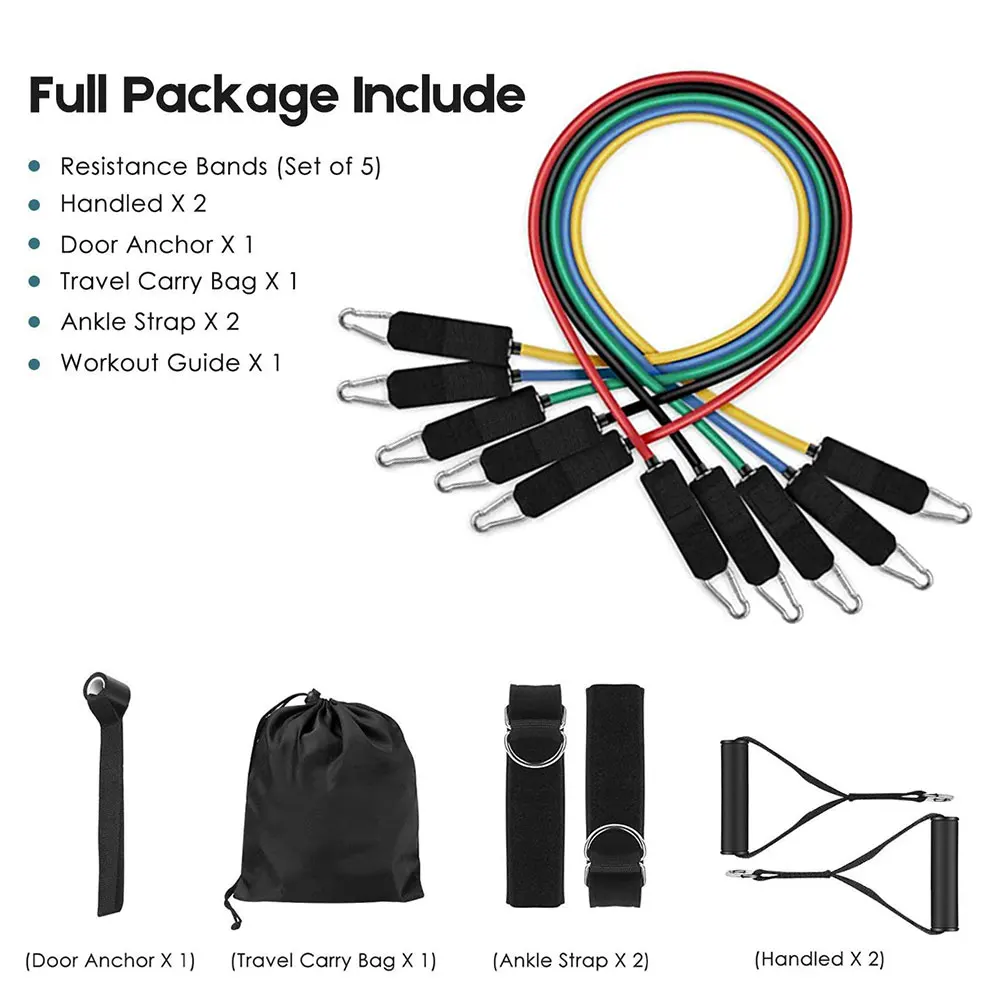 11 Pcs/Set Latex Resistance Bands Crossfit Training Exercise Yoga Tubes Pull Rope Rubber Expander Elastic Fitness with Bag | Спорт и