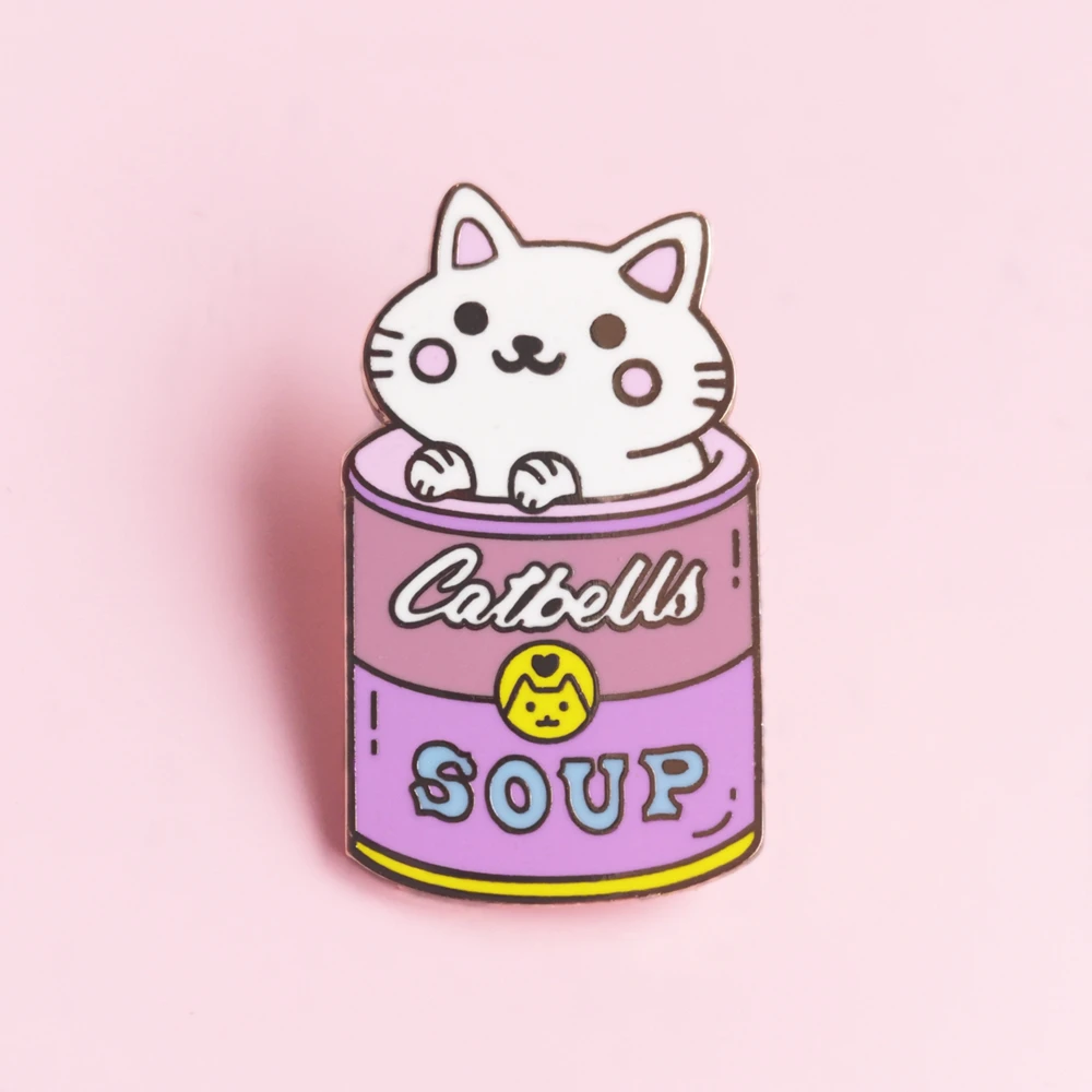 

Andy Warhols Inspiration Cute Canned Cat Hard Enamel Pin Fashion Pastel Cartoons Animal Gold Brooch Unique Jewelry Artist Gift