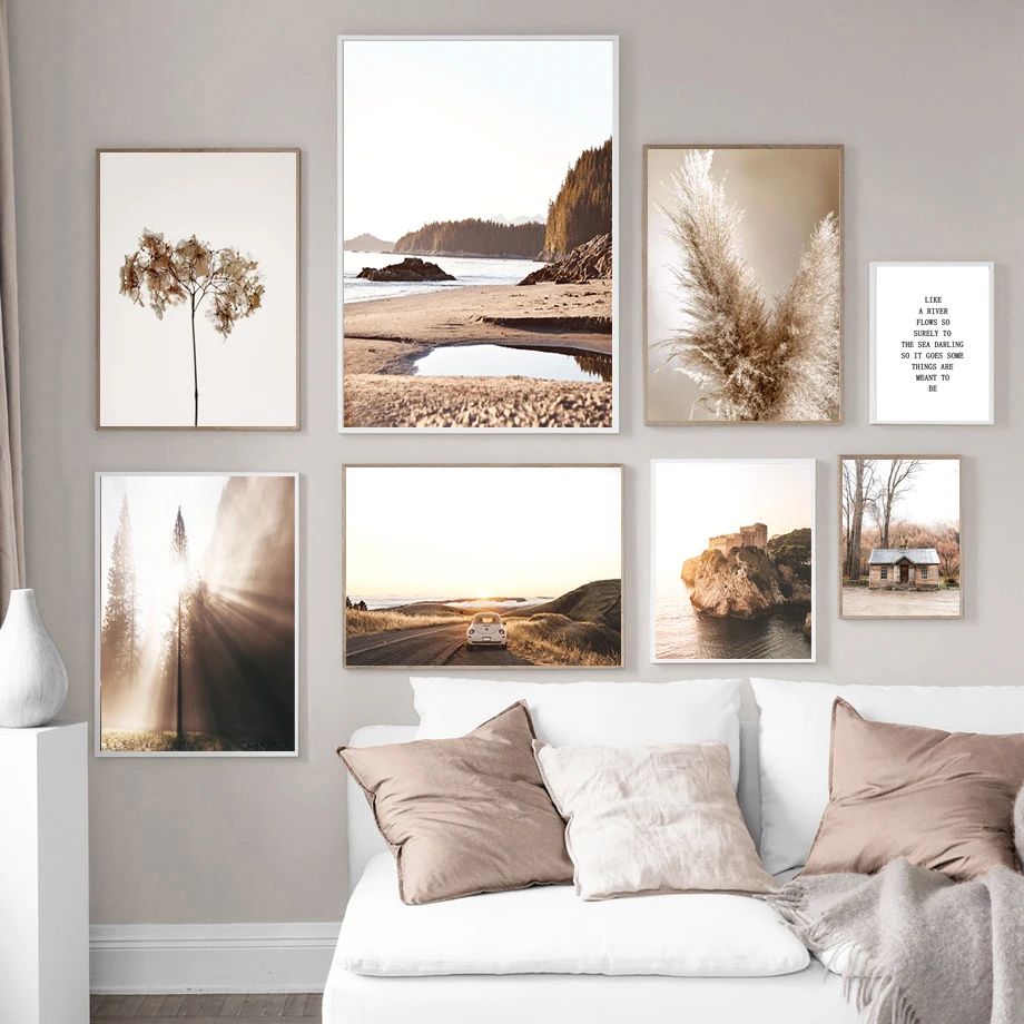 

Scandinavian Nature Landscape Canvas Painting Grass Bridge Beach Sunset Wall Art Poster Nordic Print Modern Picture Home Decor