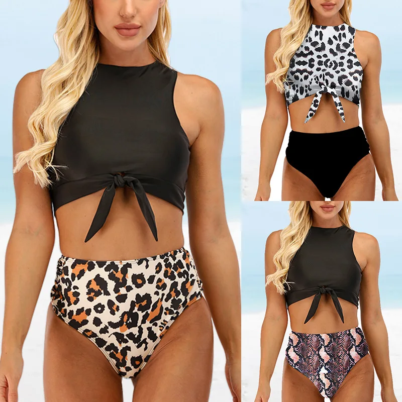 

Women Bowknot Swimsuit Leopard Tankini Set High Waist Bikini Crop Top Swimwear Vintage Bathing Suit Sports Swimming Suit Biquini