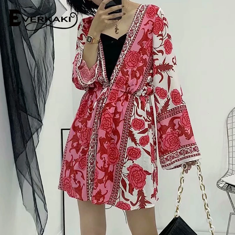 

Everkaki Kimono Women Dress Boho Floral Print Oversized Sashes Ladies Summer Beach Outerwear Kimonos Overcoat Female 2021 New