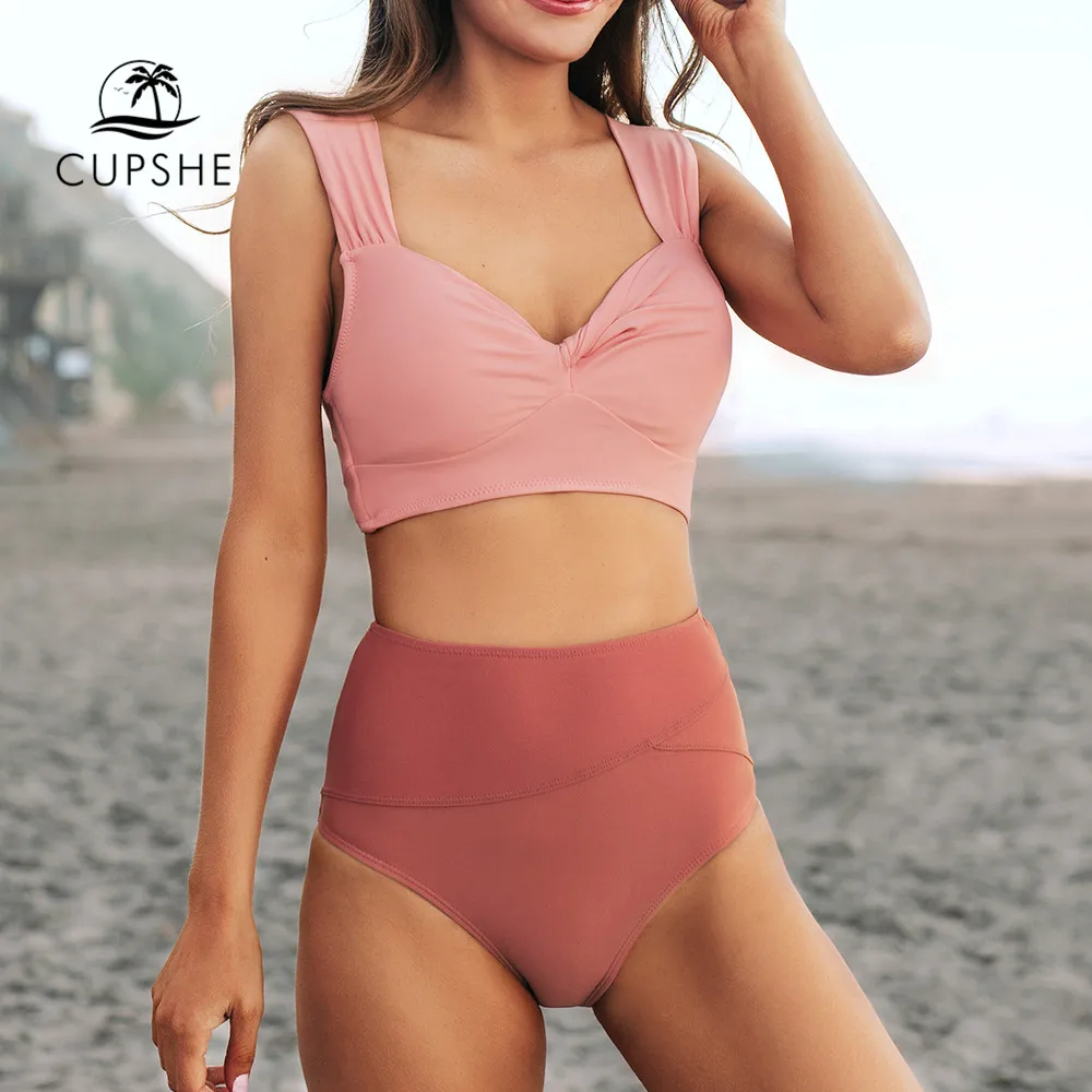 CUPSHE милый розовый и красный комплект бикини с высокой талией сексуальный топ на