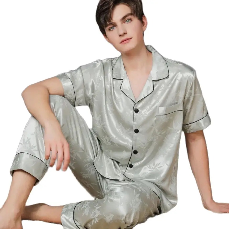 Silk Pajamas Men's Summer Long-Sleeved Trousers Mulberry Silk Casual Thin Section Youth Spring Autumn Ice Silk Home Service