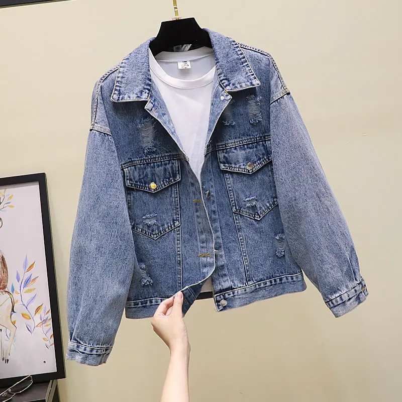 Женская джинсовая куртка с дырками свободного покроя|Женские куртки| |