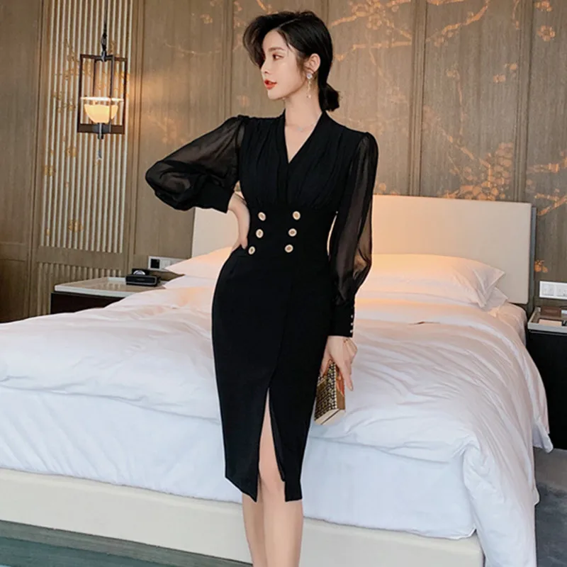 Женское шифоновое платье с разрезом дизайнерское модельное черного цвета