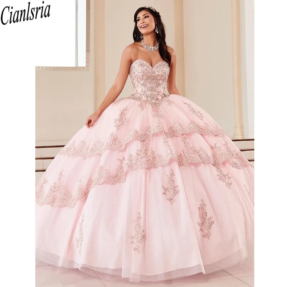 

Sweetheart Pink Quinceanera Dresses Lace Appliqeus Princess Girl Sweet 16 Ball Gown Vestidos De Fiesta Debutante Gown