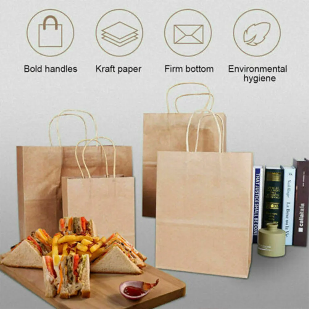 Bolsas de regalo de papel Kraft a granel, bolsa marr&oacute;n artesanal con asas, suministros festivos para fiestas, 50 Uds.-1