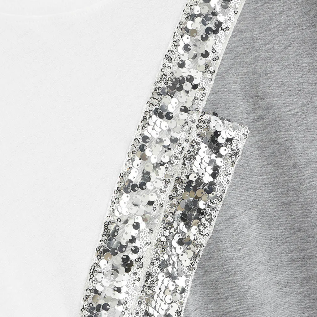 Женская футболка с блестками Лоскутная свободная круглым вырезом и коротким