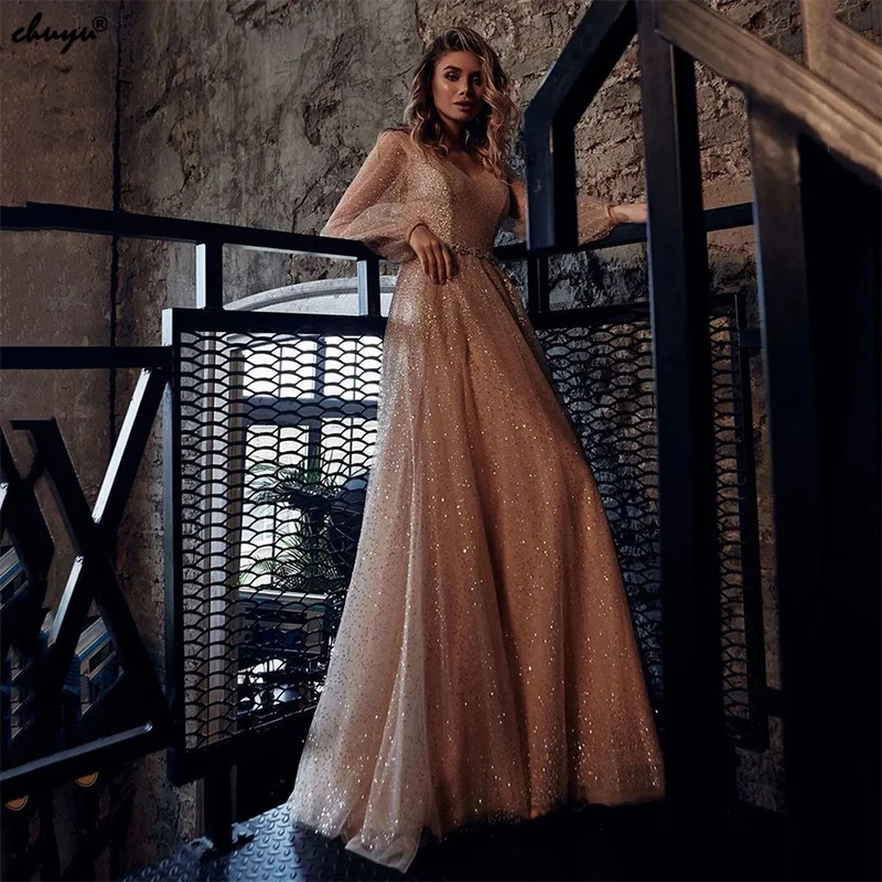 

ChuYu Champagne Long Tulle V-neck Glitter Charming A-line Weeding Dress 2021 Unique Design Split See Through Puffy Sleeves