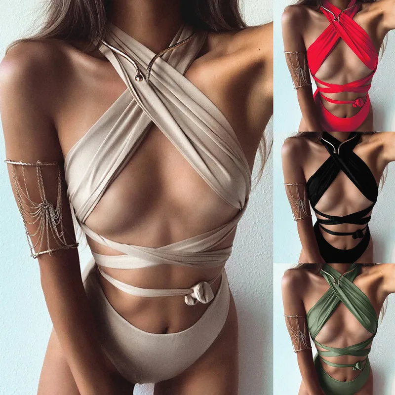 

Multi Way Sexy High Waist Solid Monokini Bandage Swimsuit Patchwork One Piece Straps Padded Bathing Suit