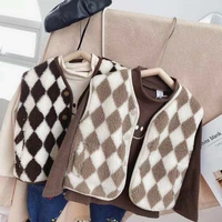2021 new fashion diamond lattice print baby plush warm vest fashion cotton sleeveless infant cardigan jacket winter kids coat