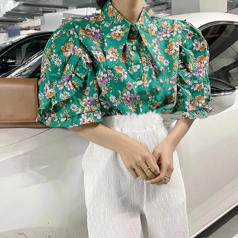 

GALCAUR Print Patchwork Shirt For Women Lapel Collar Puff Short Sleeve Hit Color Blouses Female Fashion Clothing 2021 Summer New