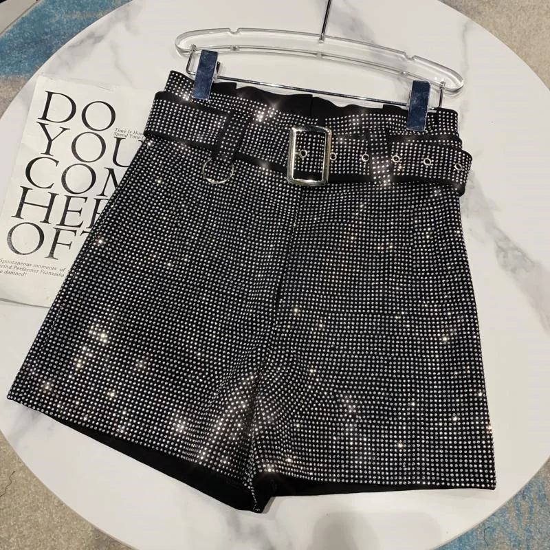 

Spring Fashion Hot Drilling Diamond Wide-Leg Trousers Women Loose Shorts Black