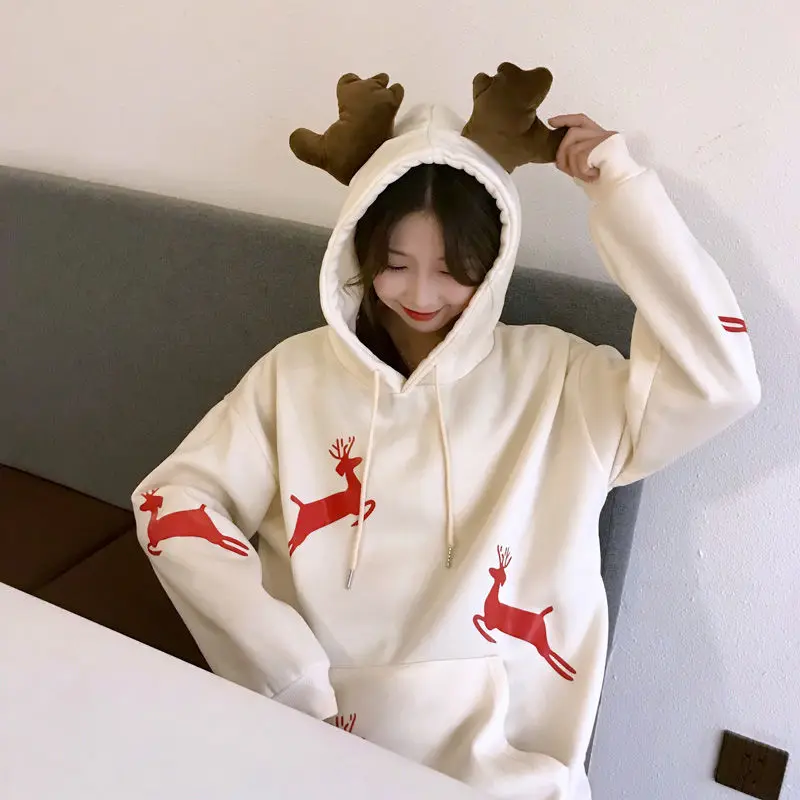 

Streetwear Women Korean Style Red Hoodie Cute Sweatshirt Winter Pullovers Womens Oversize Ulzzang Antlers Hoodies Kawaii Clothes