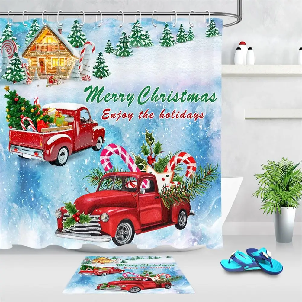 Рождественская занавеска для душа с изображением Красного грузовика и дерева