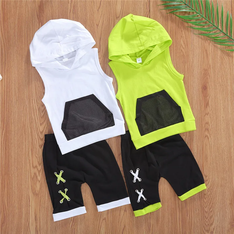 1-5Y Summer Kids Boy Tracksuits Fashion Sleeveless Hooded Tops Black Shorts 2Pcs Child Clothes Sets Active Wear Outfits |