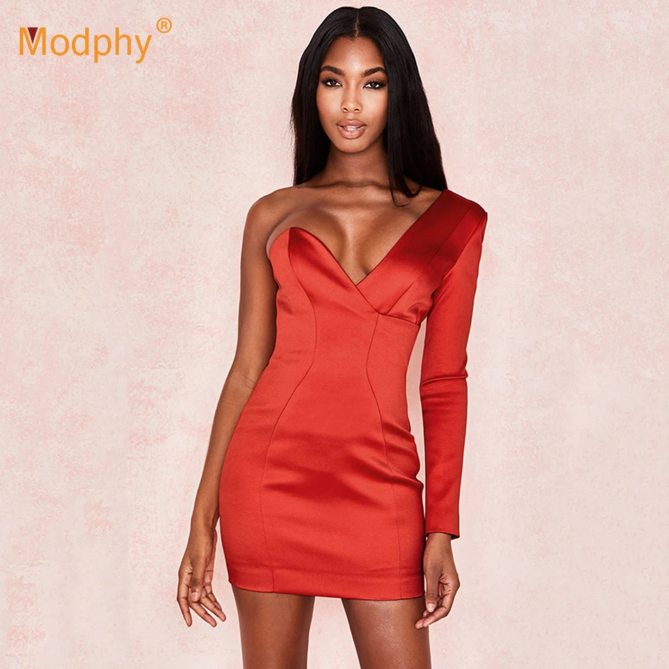 Элегантное облегающее платье на одно плечо с пикантное мини красного цвета