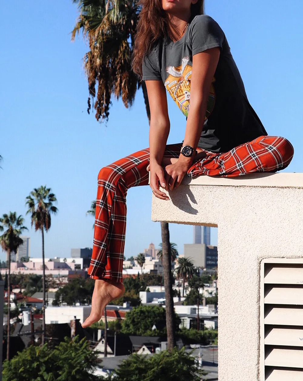 Женские длинные штаны в винтажном стиле с принтом клетку эластичные