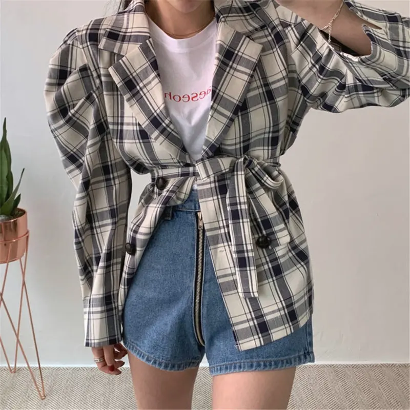 

HziriP Large Size Tops Puff Sleeves Plaid 2020 Vintage Gentle Loose Casual Feminine Chic Sweet Office Lady All-Match Coats
