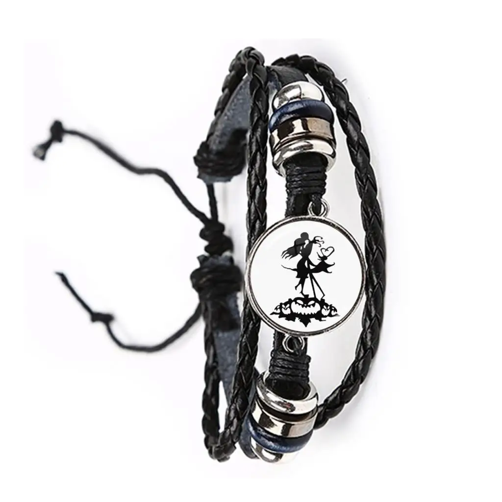 

New Jack Skellington And Sally 20mm Glass Cabochon Leather Bracelet The Nightmare Before Christmas Bangle Girl Boyfriend Gift