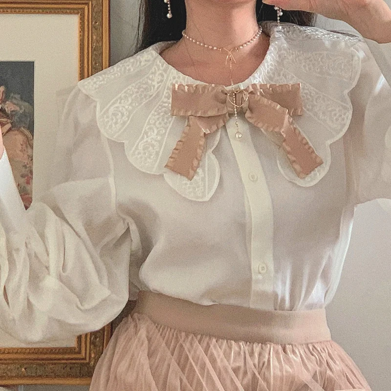 

Princess sweet lolita blouse Bobon21 Vintage petal peter pen collar bright silk embroidery Long Sleeve Chiffon blouse T1863