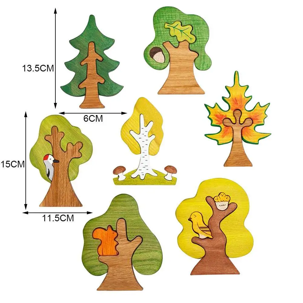 

Wooden Cartoon Animal Puzzle Trees Nature Table Ornament Cute Toys Funny Kindergarten Woodland Decor Figurines Miniatures 14pcs