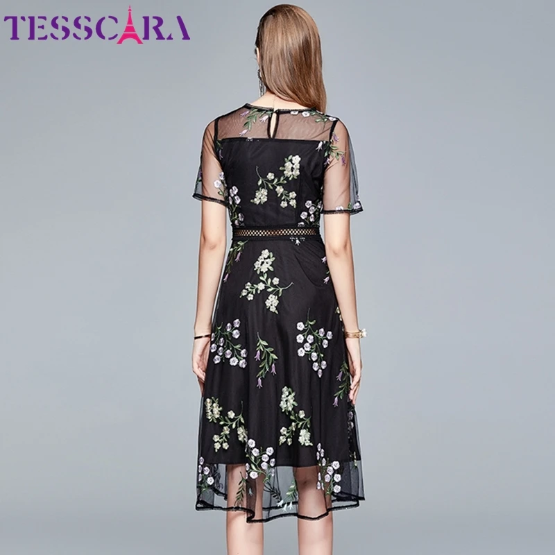 Женское Сетчатое платье с вышивкой TESSCARA винтажное элегантное вечернее цветочным