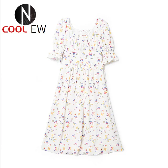 

Ladies Square Collar Short Sleeve Small Butterfly Printed Midi Dress