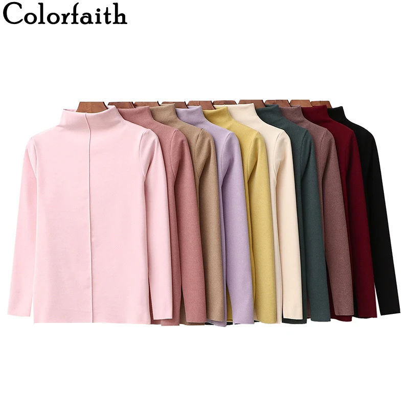 

Colorfaith New 2021 Women Autumn Winter T-shirt Bottoming Basic Derong Fashionable Korean Style Pink Lady Turtleneck Tops T019AB