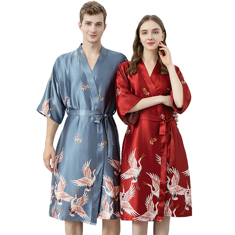 

Silk Satin Wedding Bride Bridesmaid Robe Dressing Gown Sexy Women Bathrobe Nightgown Sleepwear Print Couple Casual Kimono Robes