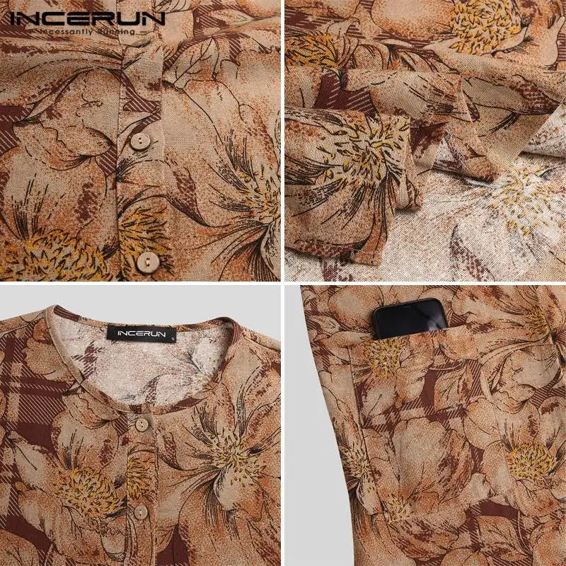 

Men Cotton Abaya Robes Indian Clothing Men Muslim Kaftan Robes Long Sleeve Printed Jubba Thobe Casual Islamic Arabic 5XL INCERUN