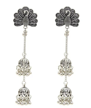 Индийские окисленные серебряные Висячие серьги для женщин Boho Jhumka резной цветок жемчуг бусина Эффектные серьги ювелирные изделия из турецкой турки - Окраска металла: Silver
