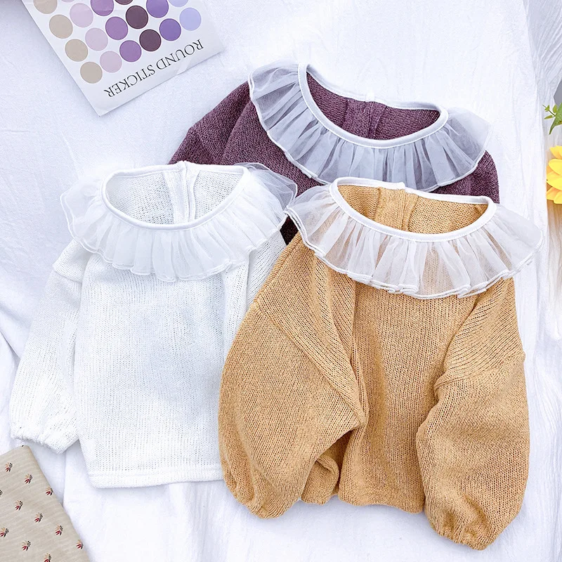 

Spring Children Girl Thin Sweater Long Sleeve Solid Color Knit Tops Lace Collar Fall Kids Girl Clothes Toddler Baby Outfits