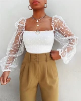 summer women long puff sleeve shirt mesh sheer see through tops elegant office lady transparent patchwork stretch square outwear