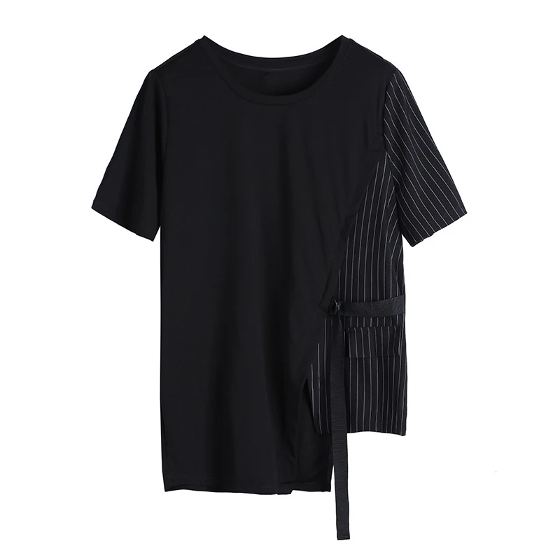 Женская Асимметричная футболка с разрезом черная Повседневная в полоску