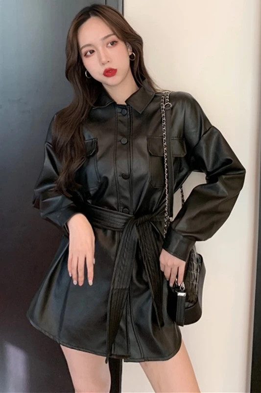 

Polo Collar Autumn New Korean Version Versatile Show Thin Medium Length Loose Waist Pu Leather Cover Fashion Simple Coat Woman