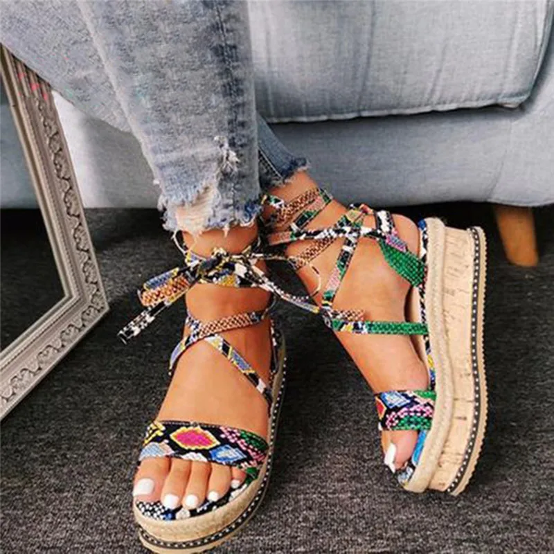 

2022 Fashion Summer Women Snake Sandals Platform Heels Cross Strap Ankle Lace Peep Toe Beach Party Ladies Shoes