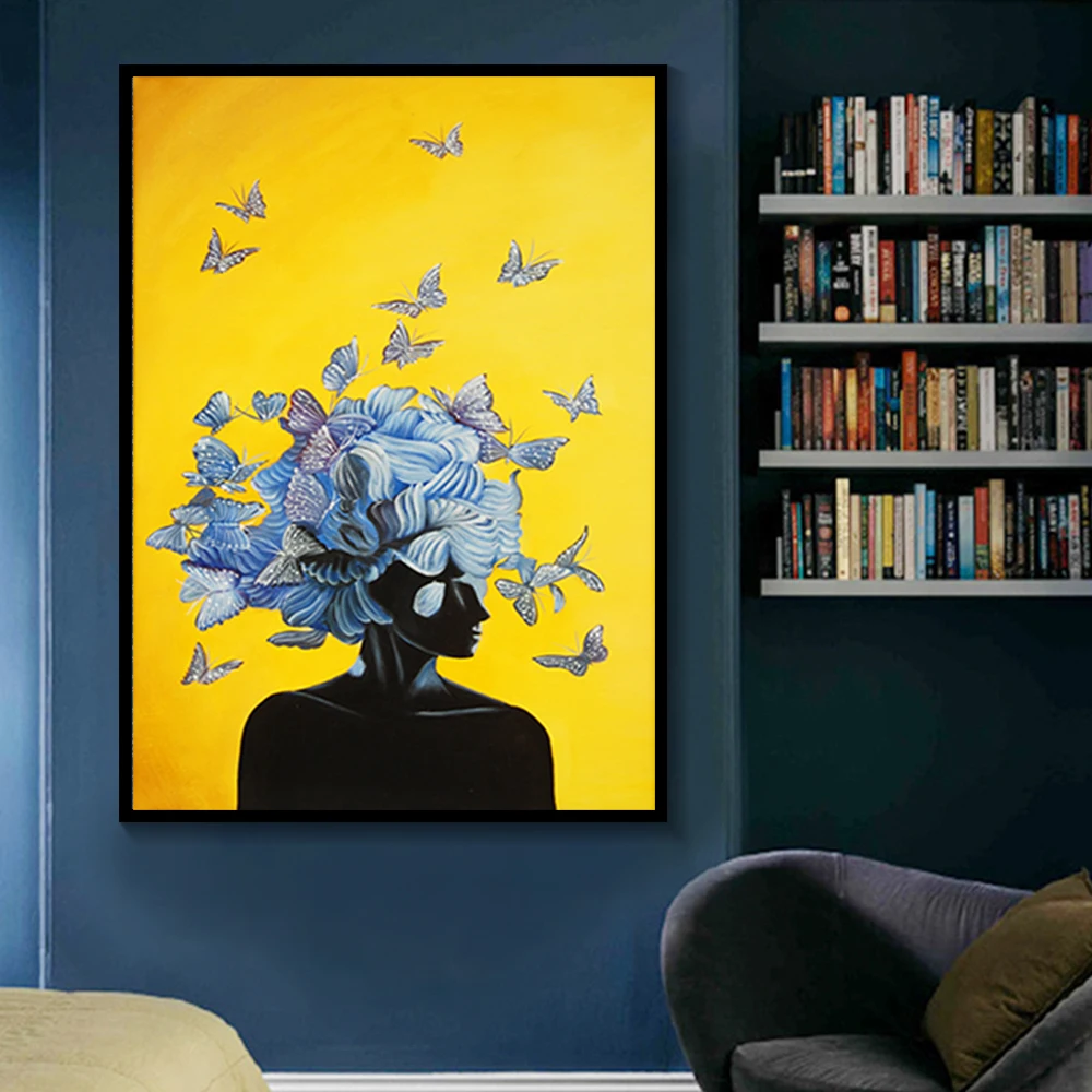 

Abstract Girl With Butterfly Canvas Painting Wall Pictures Big Yellow Wall Art for Living Room Hotel Modern Canvas Art And Print