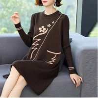 oversize women knitting sweater dress for autumn winter straight casual o neck knee length slim cover belly clothes loose hem