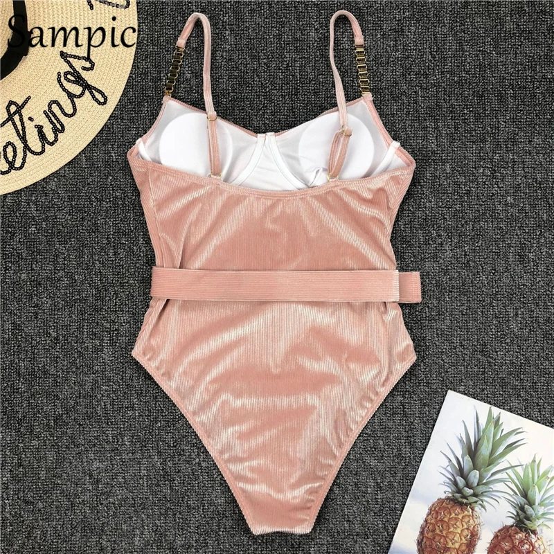 Женский пляжный купальник с чашками пуш ап и поясом|Купальники| |