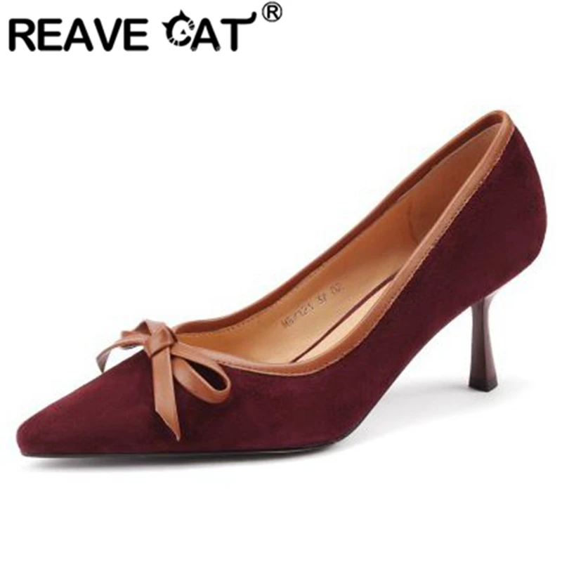 

REAVE CAT 2022 Fashion Woman Pumps Pointed Toe Thin Heels Kid Suede Slip-on Knot Size 32-41 Solid Black Red Elegant Spring S3023