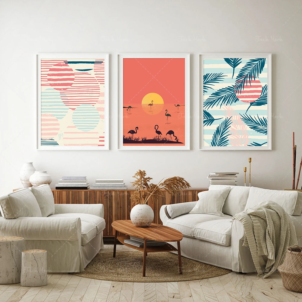 

Palm Leaf Art Print, Flamingo Sunset Sunrise Tropical Vintage Set, Summer Beach Decor, Summer Adventure, Tropical Paradise
