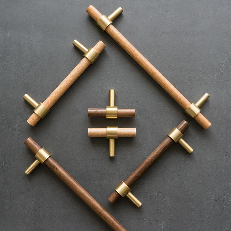 

1 PC Wood Furniture Handle Brass Kitchen Cabinet Door Handles Drawer Pulls Beech Wooden Handles for Furniture Hardware
