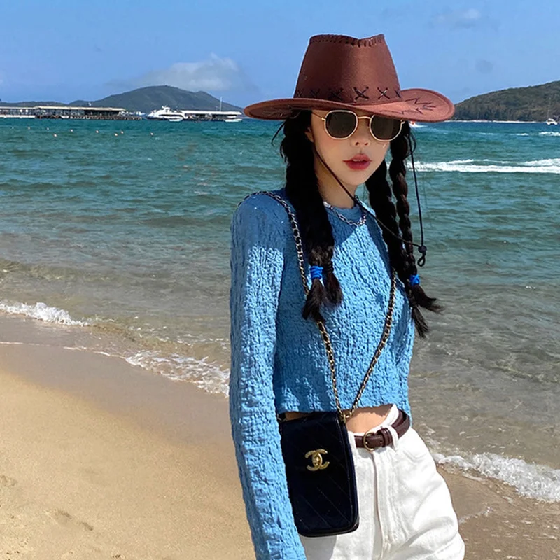 

Blue Fashion Hollow Short Slim Top Slim 2021 Spring New Slim Temperament Long Sleeve Round Neck Chic Bottom t-shirt Pleated