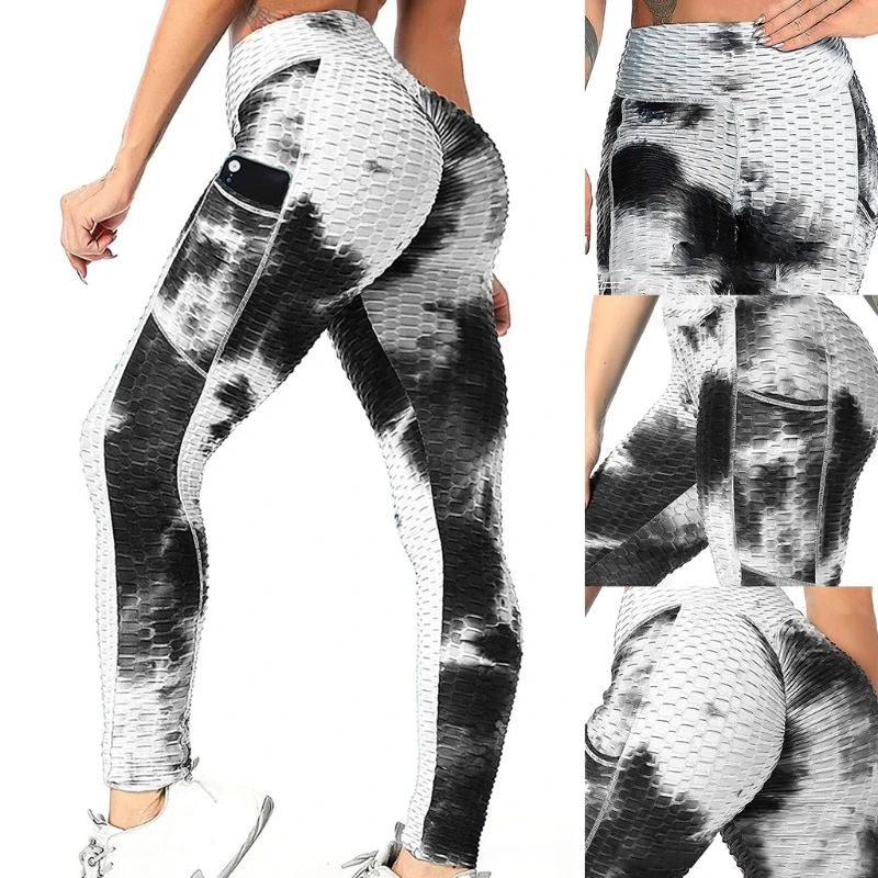 

Womens High Waist Tie-Dye Pocket Yoga Pants Ruched Scrunch Butt Lifting Workout Leggings Textured Stretchy Booty Tights