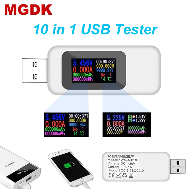 

10 in 1 USB Tester 4-30V Voltage Cureent DC Digital Meter Timing Ammeter Monitor Power Bank Capacity Charger Indicator
